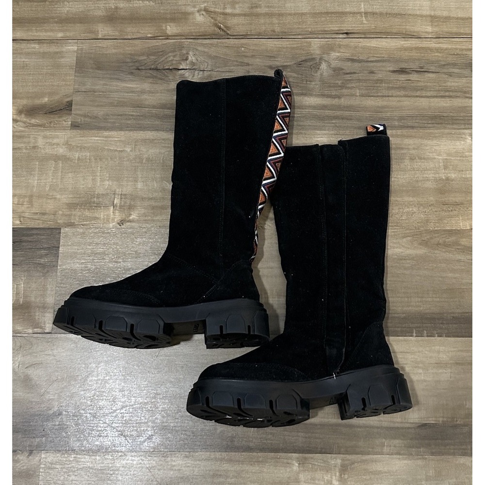 Farm Rio Tall Boots Womens 7 Lug Chunky Sole Black Faux Suede New